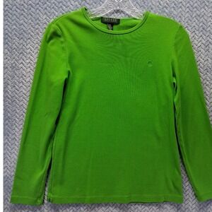 Lauren Ralph Lauren Petite Green Ribbed Long Sleeve Crewneck Top LRL Monogram PM